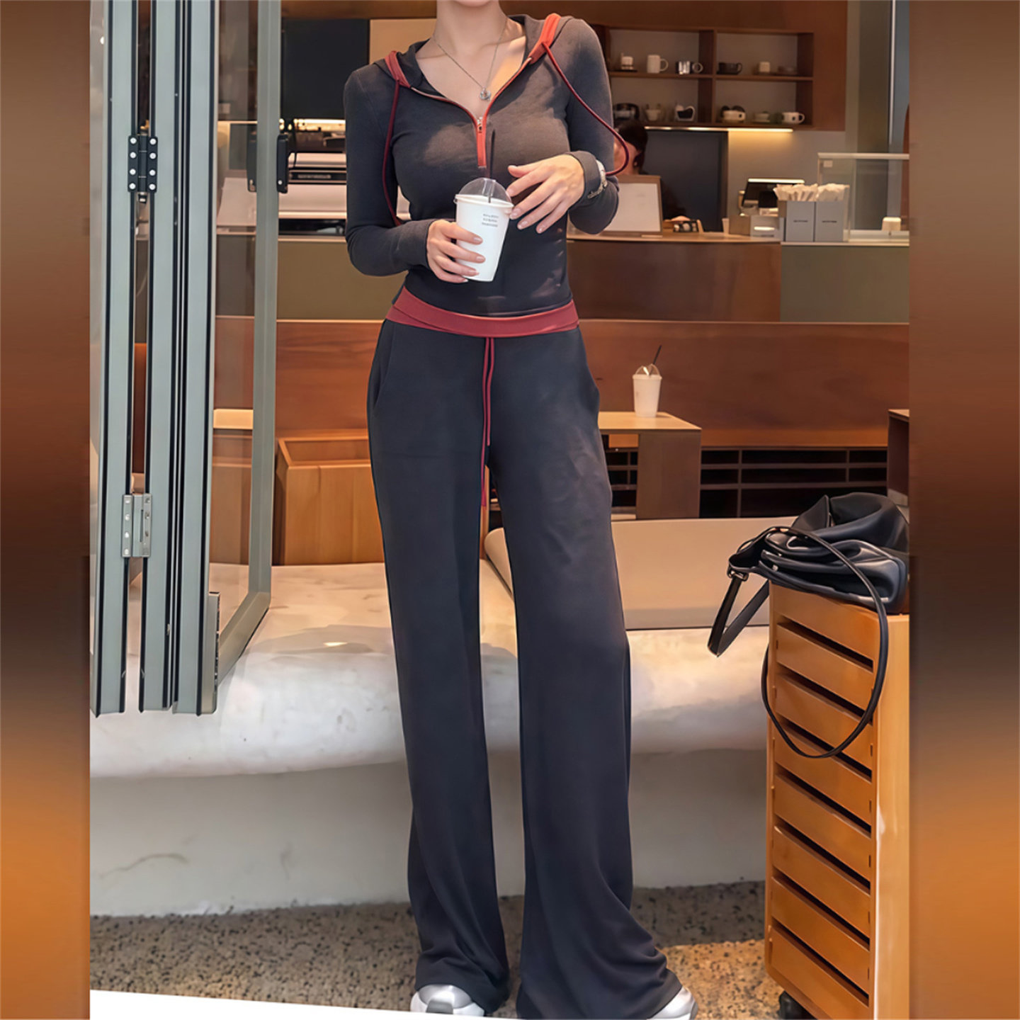 2026春季新款修身连帽卫衣休闲套装女减龄撞色阔腿裤运动风两件套