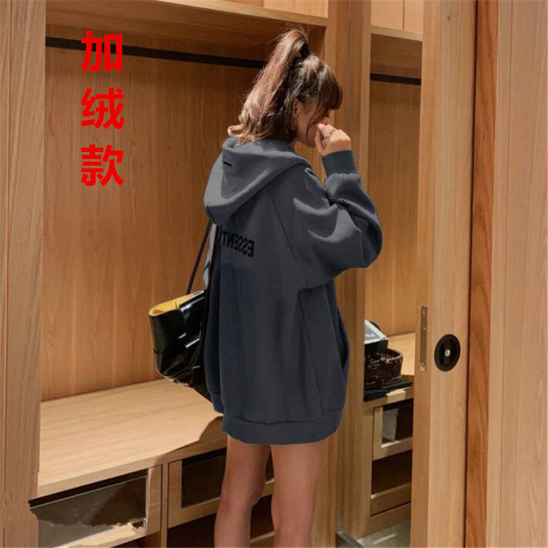 网红炸街连帽拉链加绒外套女秋冬2026新款宽松慵懒风运动开衫卫衣