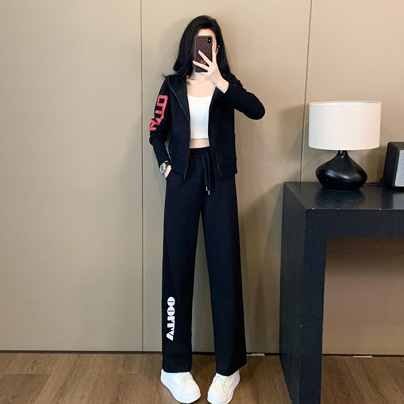 运动服休闲套装女2025春秋新款宽松减龄连帽拉链卫衣阔腿裤两件套
