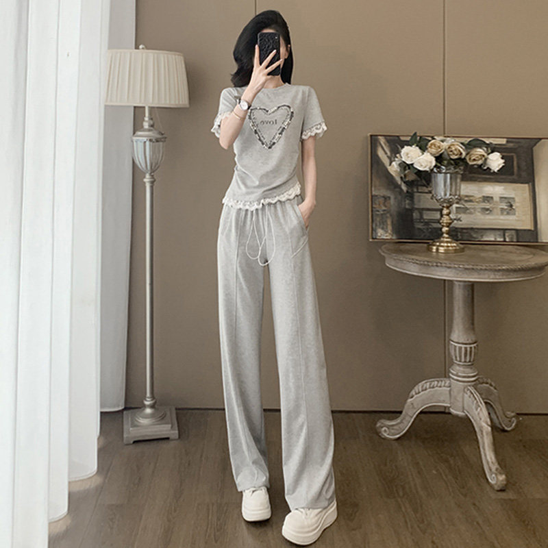 时尚休闲套装女夏季新款洋气蕾丝花边短袖高腰阔腿裤运动两件套潮