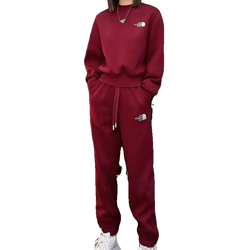 加绒红色休闲套装女运动服两件套