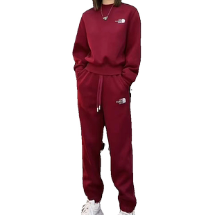 加绒红色休闲套装女秋冬新款宽松显瘦减龄卫衣束脚裤运动服两件套