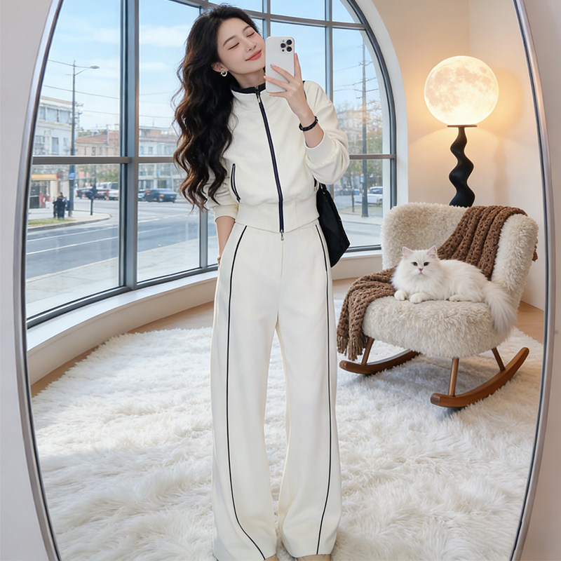 高级感白色时尚休闲套装女春季新款减龄立领拉链卫衣阔腿裤两件套