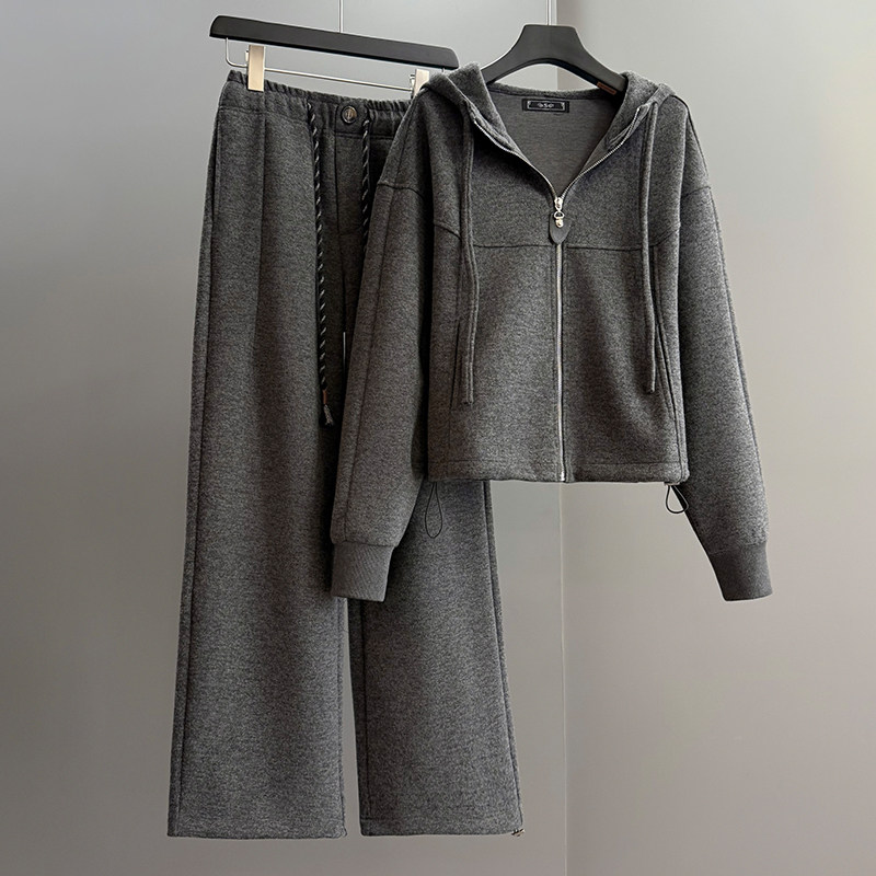 时尚休闲风套装女春季灰色显瘦减龄连帽拉链卫衣阔腿裤运动两件套