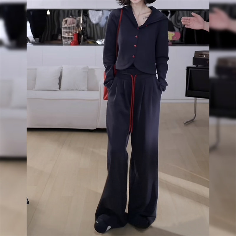 减龄连帽开衫吊带阔腿裤三件套潮