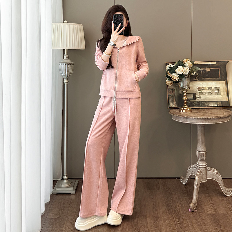 粉色连帽拉链卫衣时尚休闲套装女秋冬新款显瘦减龄阔腿裤两件套潮