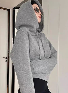 灰色短款连帽卫衣女2024秋冬新款宽松加厚加绒设计感小众套头上衣