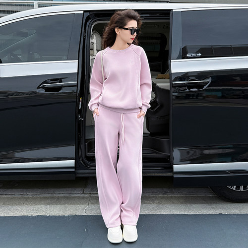一整套深冬粉色加绒卫衣阔腿裤