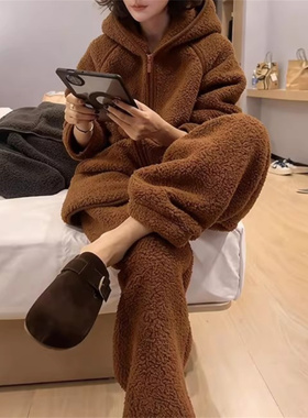 美拉德羊羔毛时尚休闲套装女冬季加厚加绒连帽拉链上衣穿搭两件套