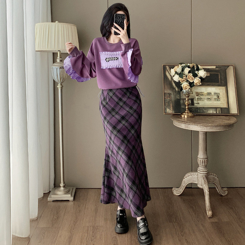 紫色卫衣格子半身裙休闲套装女