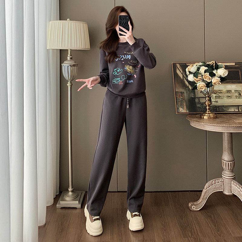韩系时尚休闲套装女秋冬新款减龄加绒印花卫衣阔腿裤运动两件套潮