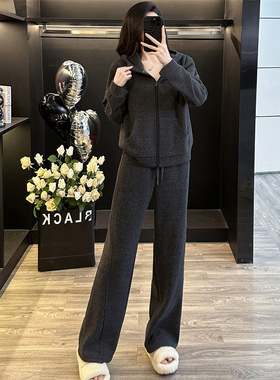 欧货盐系休闲运动套装女秋冬季新款加厚连帽拉链卫衣阔腿裤两件套