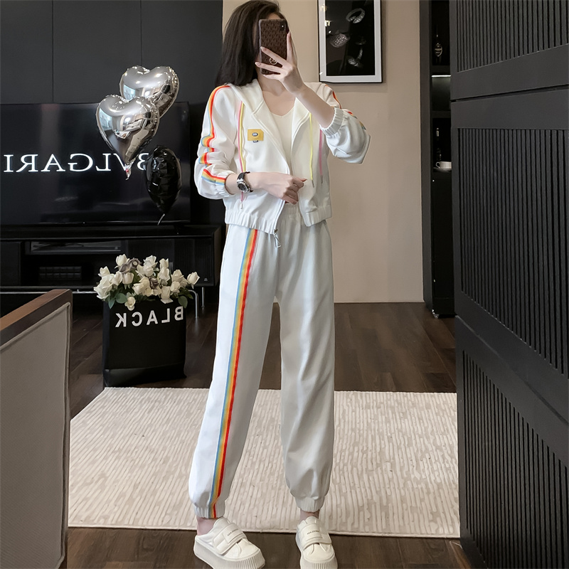 白色连帽拉链卫衣休闲套装女春秋季2025新款显瘦束脚裤运动两件套