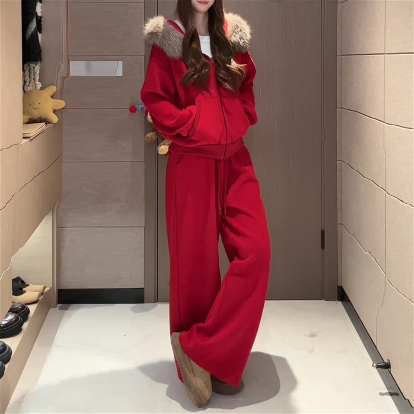 本命年红色毛领连帽拉链卫衣休闲套装女冬季加绒阔腿裤运动两件套