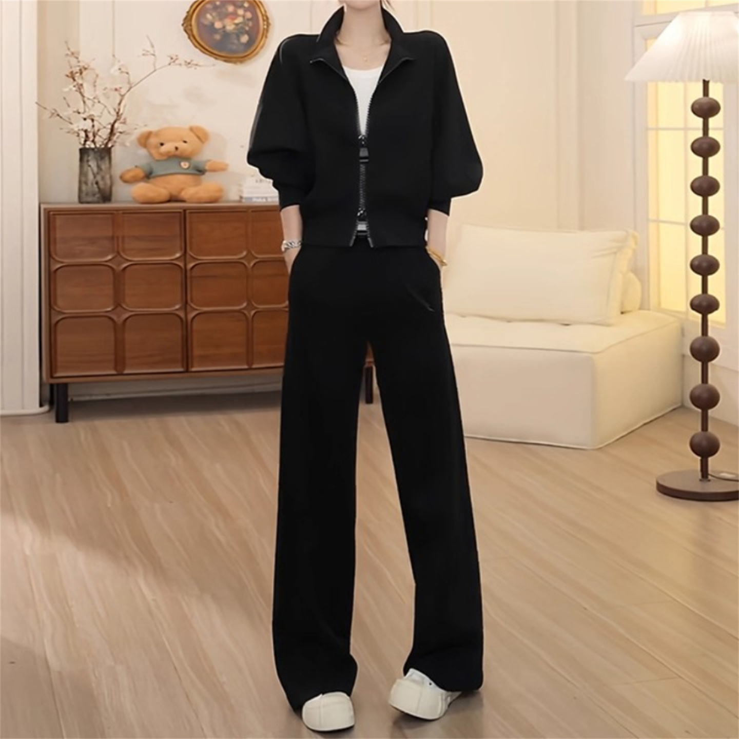 显瘦拉链开衫阔腿裤运动两件套