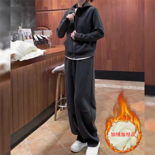 欧货时尚休闲套装女秋冬季新款加绒加厚连帽拉链卫衣阔腿裤两件套