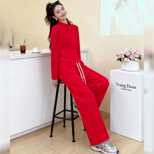 高级感红色时尚休闲套装女秋冬新款修身立领拉链卫衣阔腿裤两件套