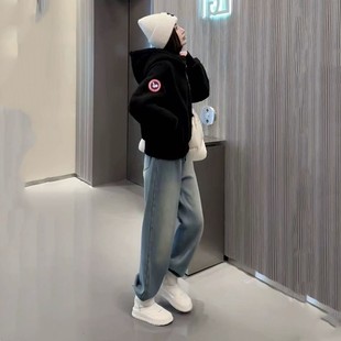 网红炸街黑色连帽羊羔绒外套女秋冬新款 设计感加绒加厚保暖颗粒绒