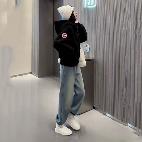 黑色连帽羊羔绒外套女加绒颗粒绒