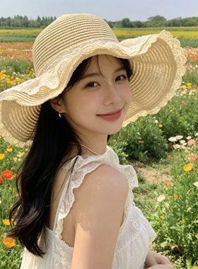夏季防晒蕾丝蝴蝶结沙滩草帽女