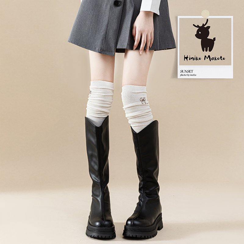 抗起球刺绣长筒袜女款秋冬季护腿套袜防下滑堆堆袜纯棉袜子配长靴