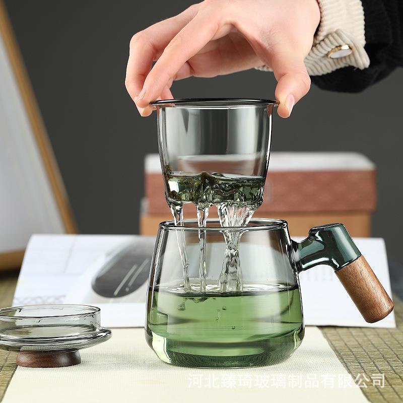 木把茶水分离三件杯过滤家用玻璃水杯办公泡茶杯侧把茶杯套杯