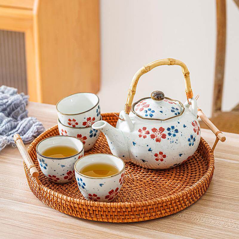 手绘樱花茶器釉下家用大容量茶具套装高温陶瓷提梁茶壶茶杯泡花茶
