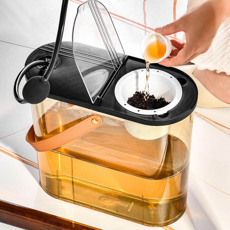 塑料茶水桶茶渣分离透明排水桶办公室茶台茶具椭圆过滤翻盖废水桶