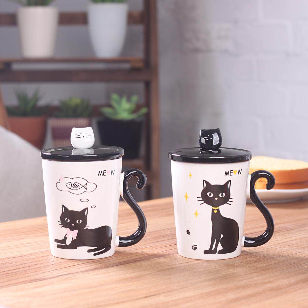 个性卡通猫白瓷手柄i陶瓷杯带盖办公咖啡杯创意学生牛奶喝水杯