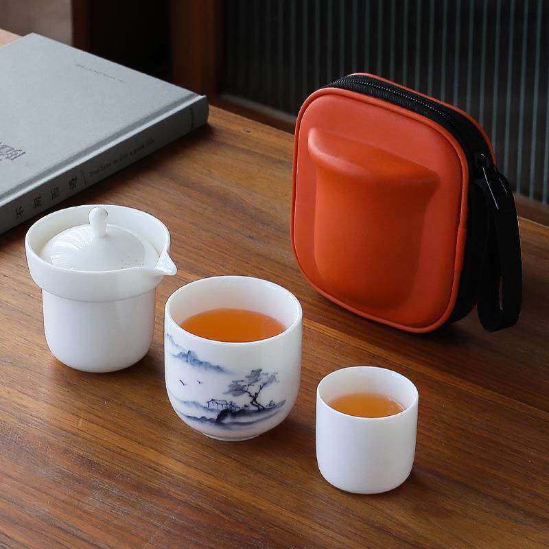 德化手绘茶具礼品套装羊脂玉旅行快客一壶二杯便携功夫旅游泡茶杯