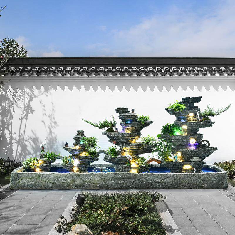 大型院落假山流水喷泉养鱼池花园造景别墅酒店风水轮景观招财摆件