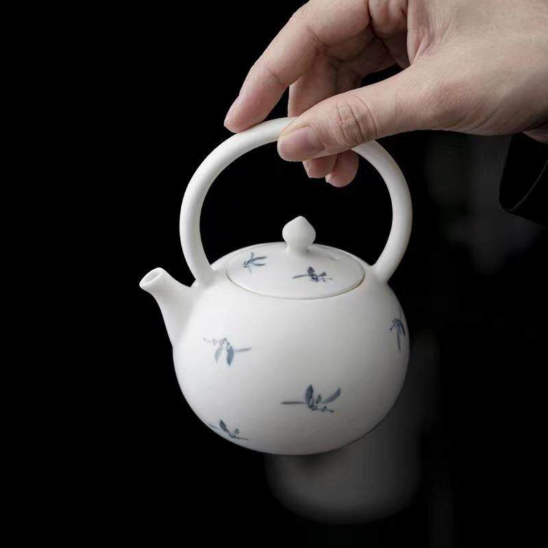 手绘兰花羊脂玉提梁壶白瓷茶壶单壶女士小茶壶泡茶陶瓷茶具送礼品