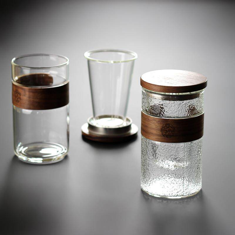 茶水分离杯带盖三件杯日式锤纹玻璃杯过滤泡茶杯子耐热喝水杯家用