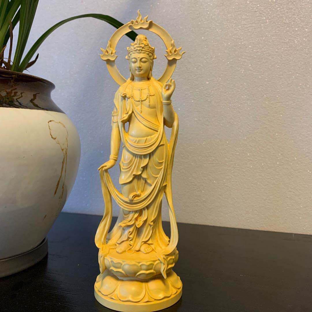 黄杨木雕观音实木家用供奉佛堂雕刻工艺品佛像摆件大势至菩萨