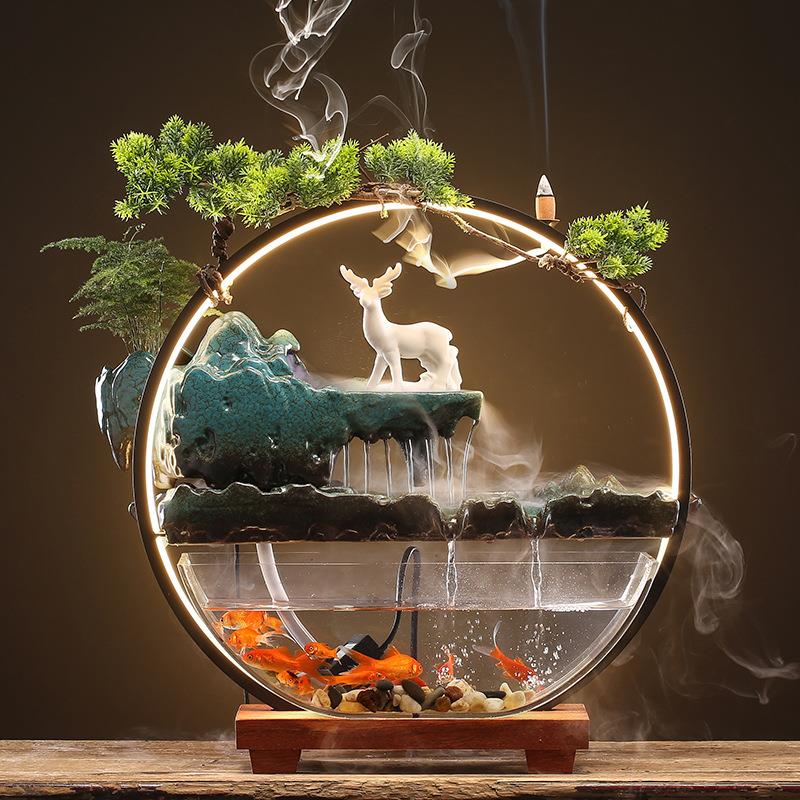中式陶瓷假山流水鱼缸创意喷泉风水招财加湿器客厅办公室桌面装饰