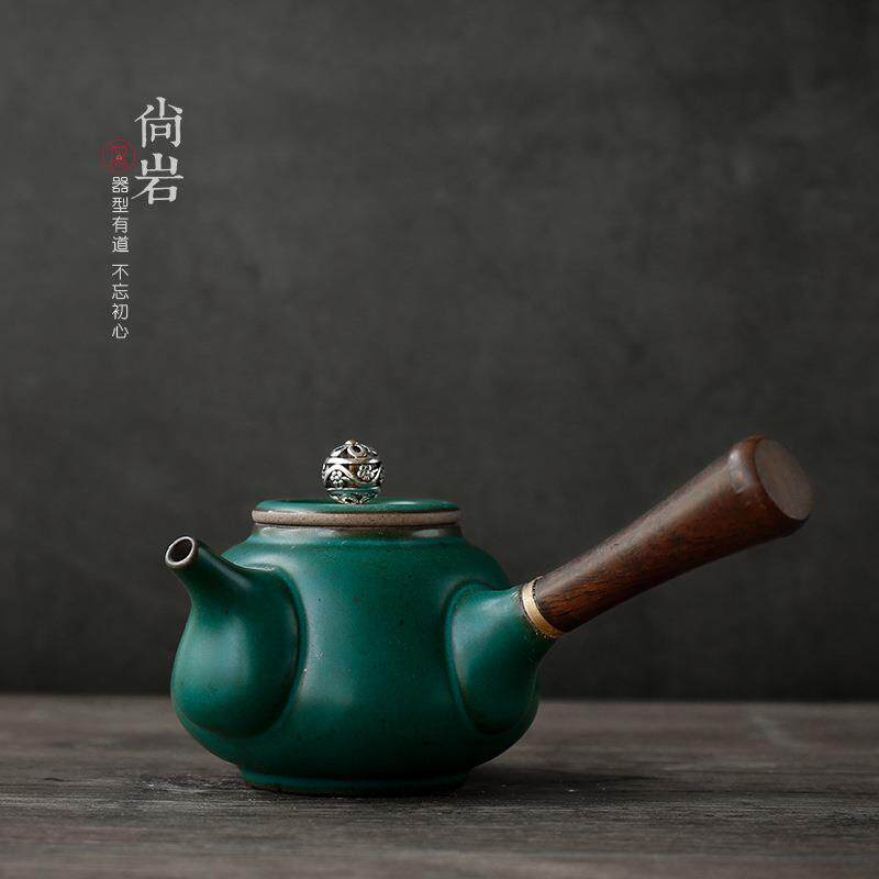小号中式茶壶陶瓷侧把壶黑檀木柄家用煮茶泡茶器粗陶滤茶功夫茶具
