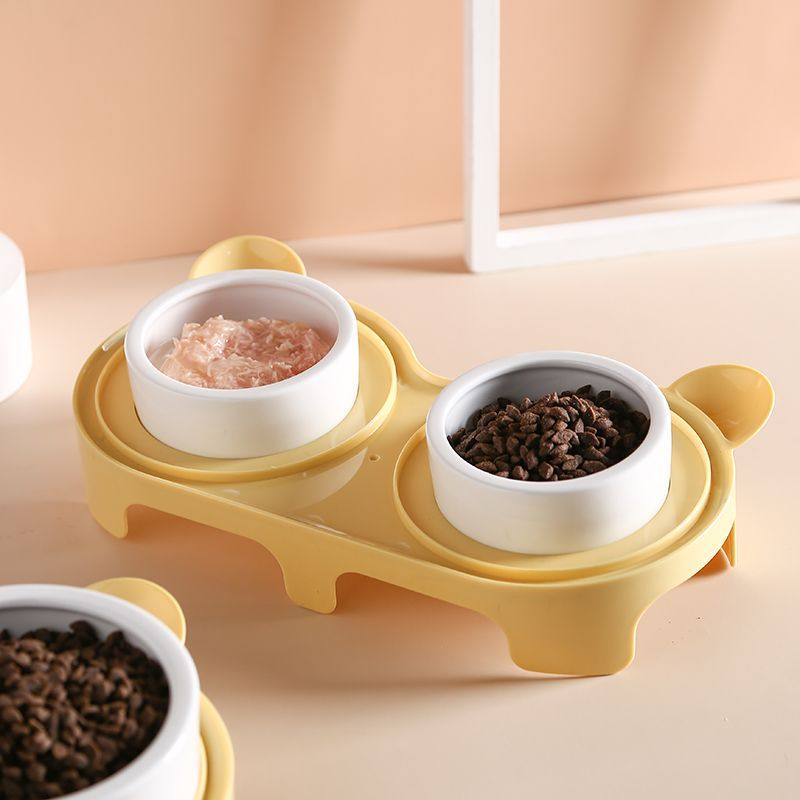 陶瓷猫咪双碗二合一两用碗水碗狗狗粮食盆宠物喝水碗保护颈椎饭碗
