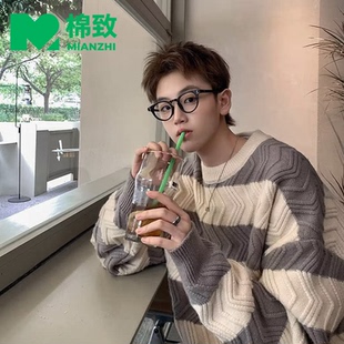 棉致潮流时尚麻花毛衣男女款秋冬季宽松慵懒风美式打底圆领针织衫