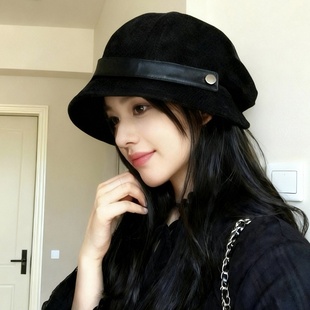 高级感灯芯绒渔夫帽女秋冬季2025新款大头围贝雷帽子方圆脸显脸小