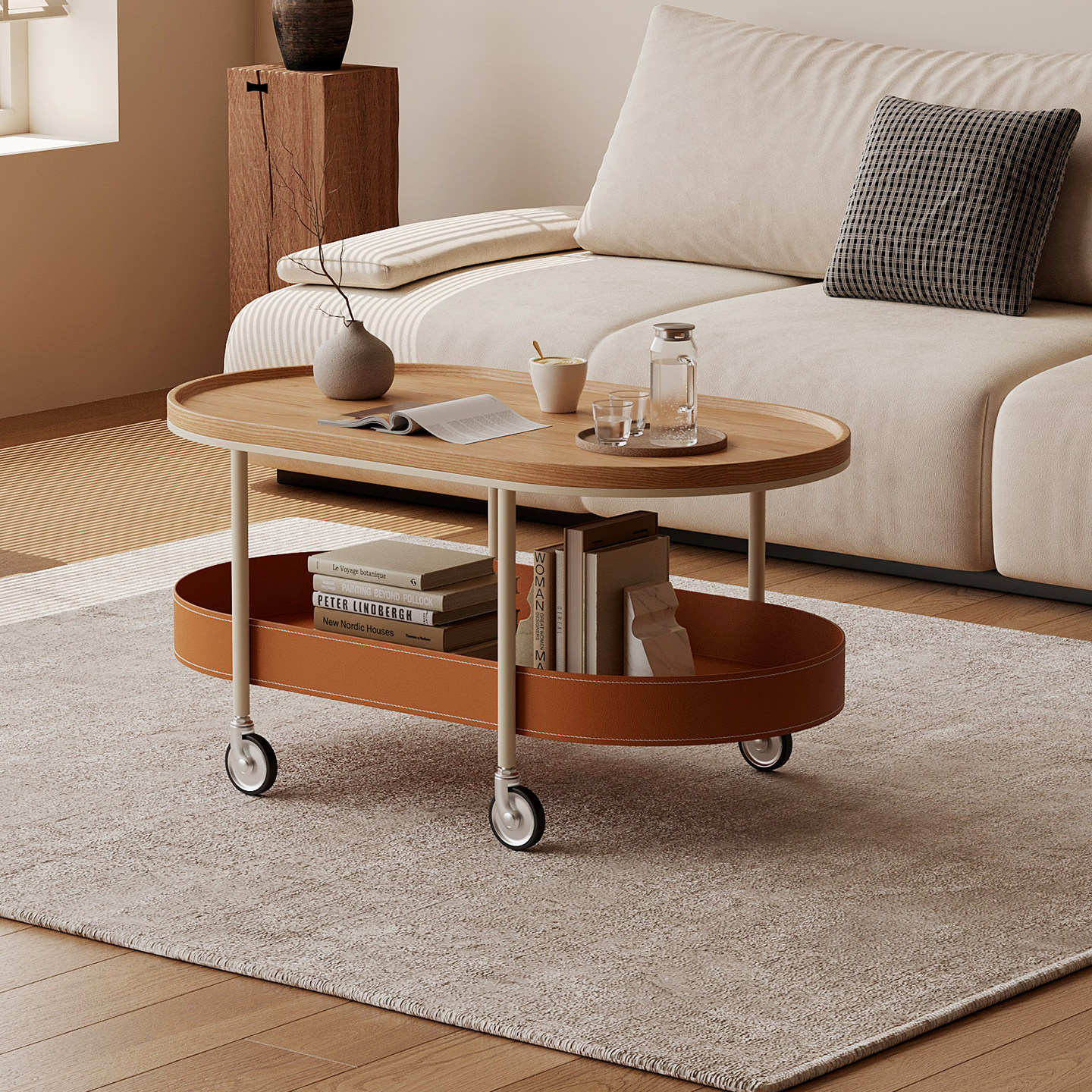 耶特马鞍皮铁艺可移动椭圆形茶几