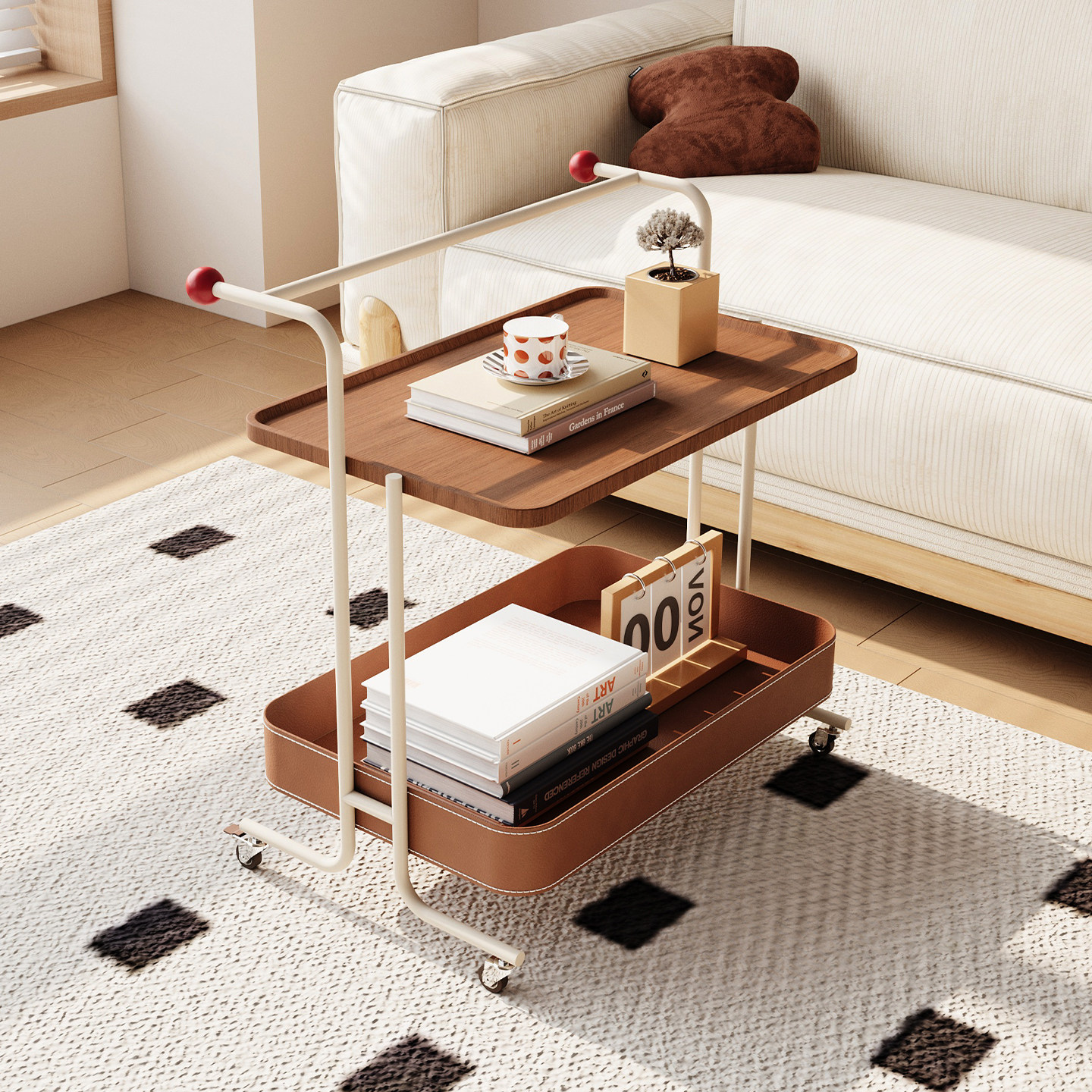 客厅小推车马鞍皮收纳筐可移动落地多层置物架中古风高级沙发边几,住宅家具,移动边几/推车,淘宝优惠券,粉丝福利购,淘宝优惠卷