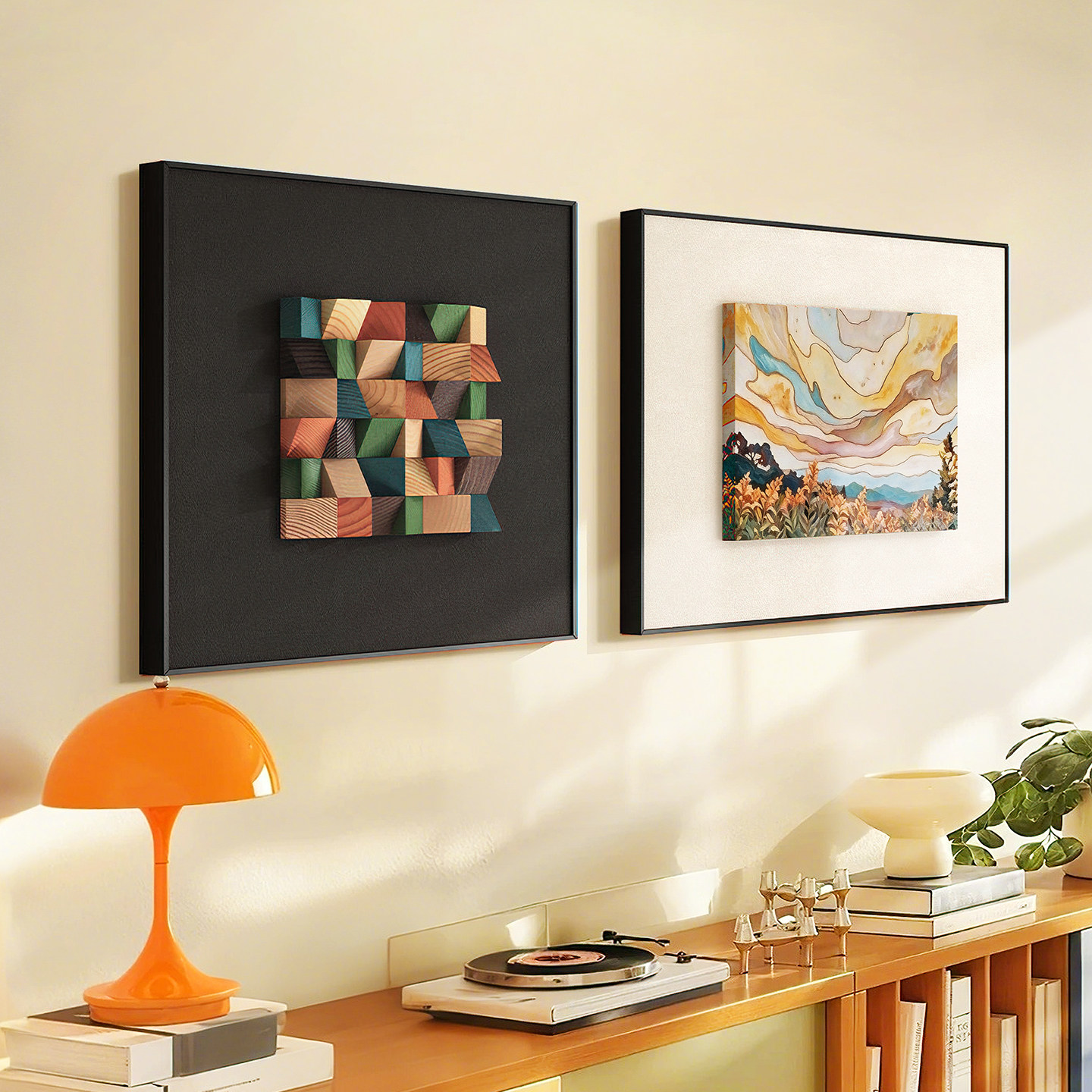 3D立体彩色木块饭厅挂画玄关卧室床头画砂岩画客厅沙发背景墙壁画