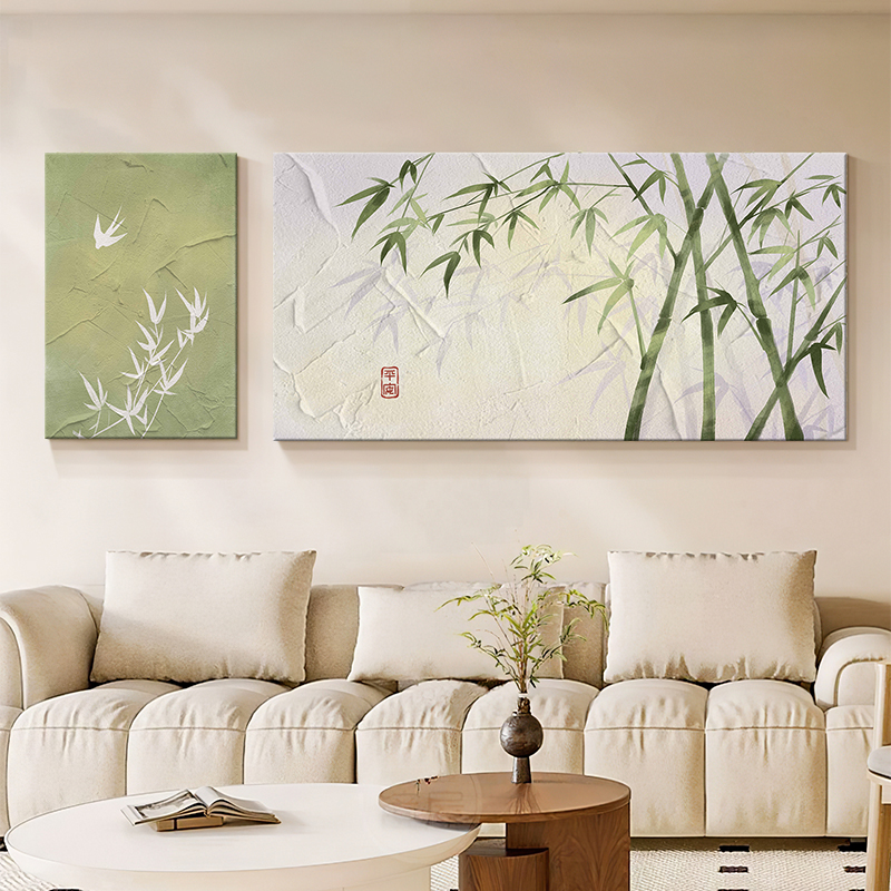 奶油风竹子新中式客厅装饰画挂画砂岩茶室清新背景墙壁画竹报平安