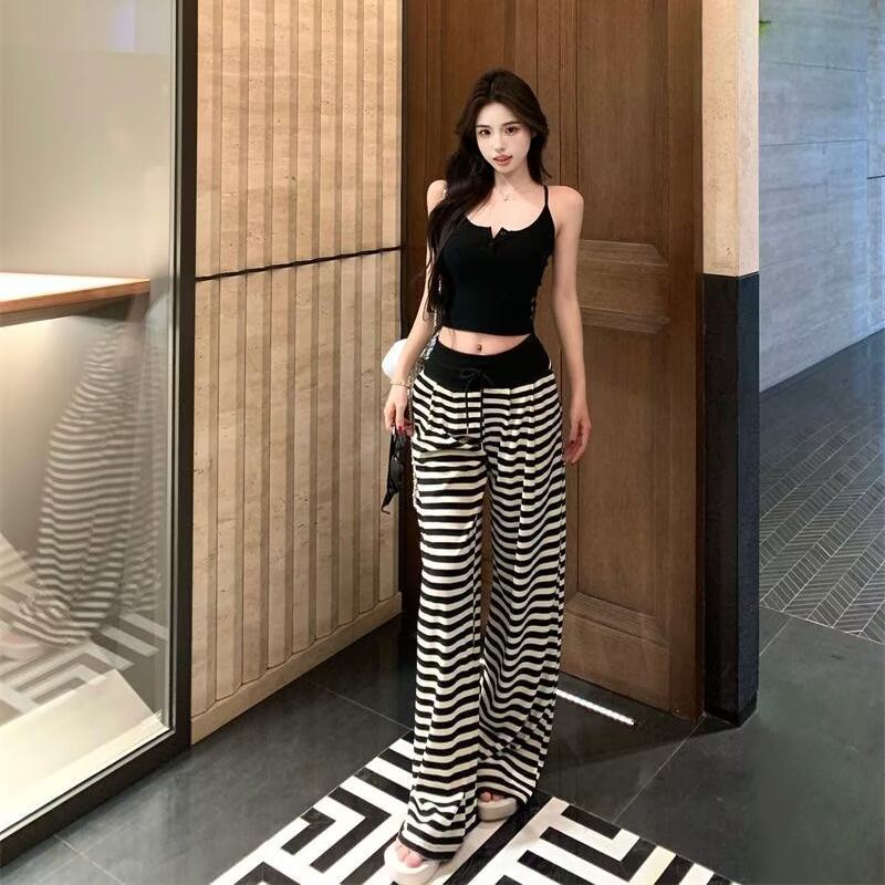 高腰抽绳条纹阔腿休闲裤女夏爆款