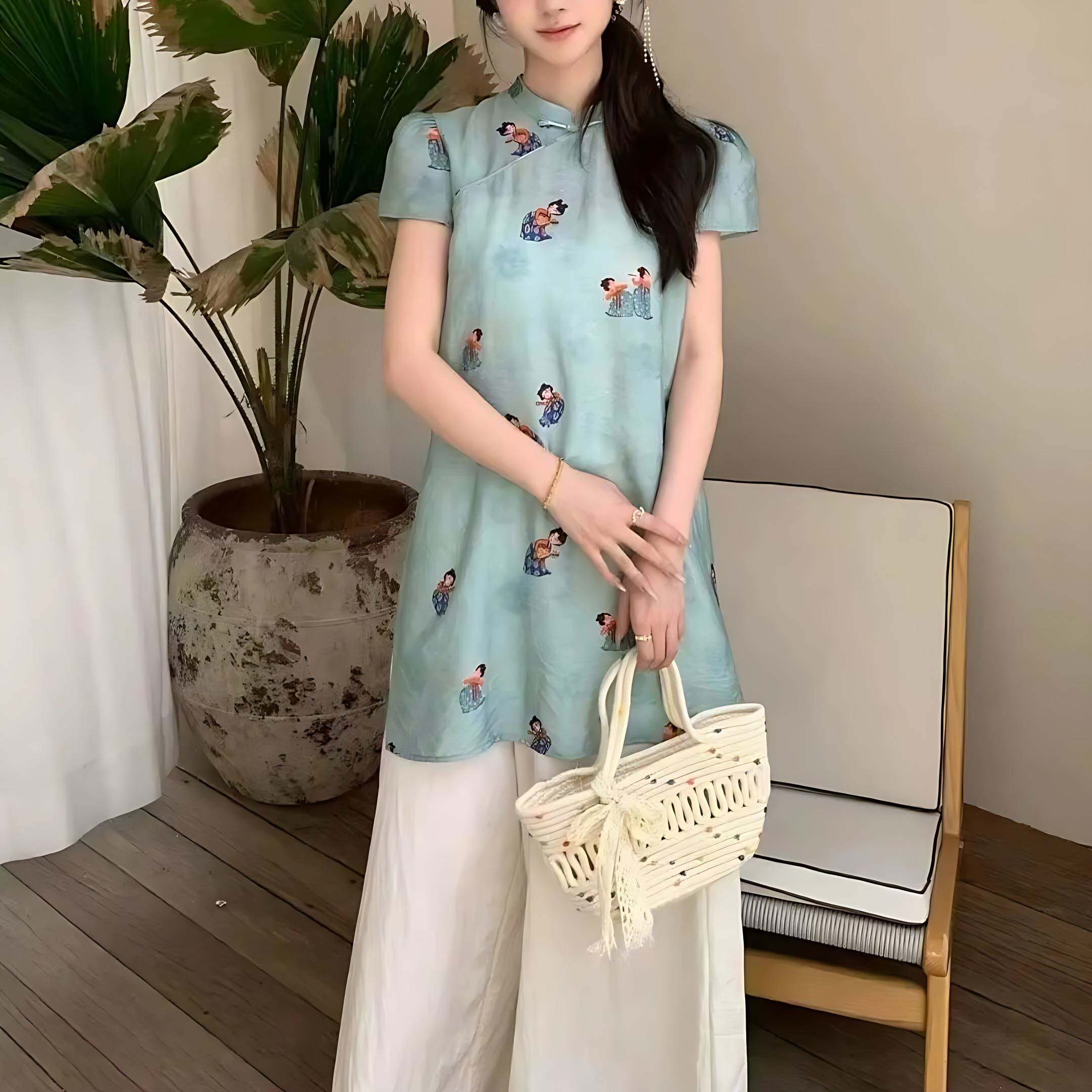 新中式国风印花短袖衬衫女2026夏季新款高级感宽松气质旗袍上衣潮