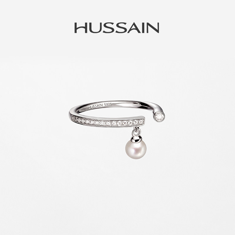 赫生HUSSAIN端点淡水珍珠戒指纯银原创设计可调节开口戒女高级感