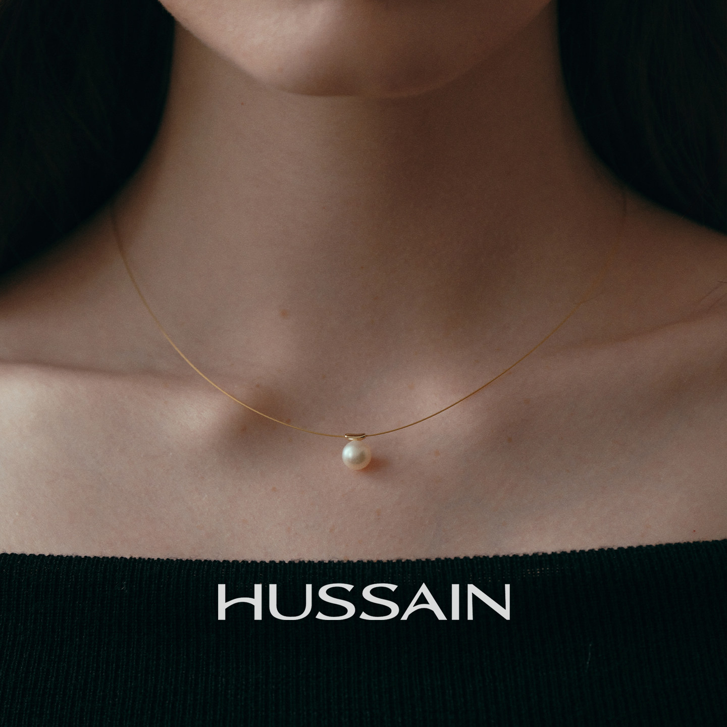 HUSSAIN赫生浮月天然淡水珍珠项链隐形悬浮单颗路路通金色锁骨链图片