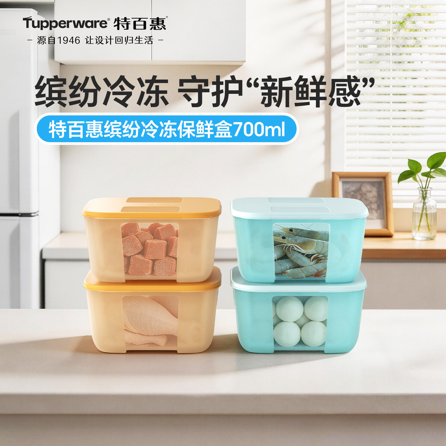 特百惠冷冻盒4件套冰箱冷冻冷藏保鲜盒套装密封700ml送礼佳品