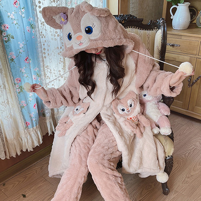 珊瑚绒睡衣女新款秋冬季睡袍长款加绒加厚玲娜贝儿家居服套装批发