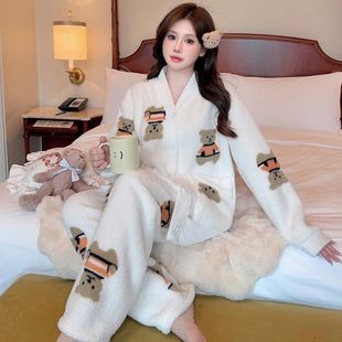 秋冬季新款睡衣女软绵绵加厚法兰绒长袖开衫套装长毛绒保暖家居服